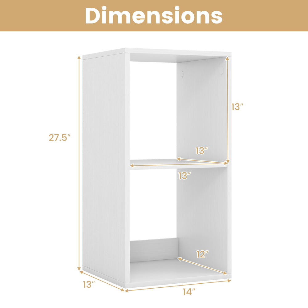 2-cube bookshelf in white with dimensions 27.5" x 14" x 13", designed for stability and elegant storage in living rooms.