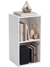 Freestanding white bookshelf with two open cubes, perfect for home office storage and modern decor.