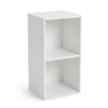 Freestanding white bookshelf with 2 open compartments, designed for vertical or horizontal placement in home or office.
