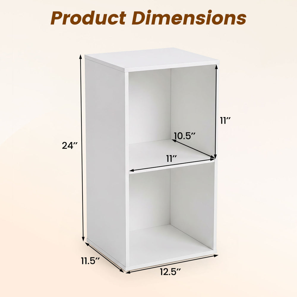 White 2-cube freestanding bookshelf with dimensions 24" x 11" x 12.5", suitable for home office or living room storage.