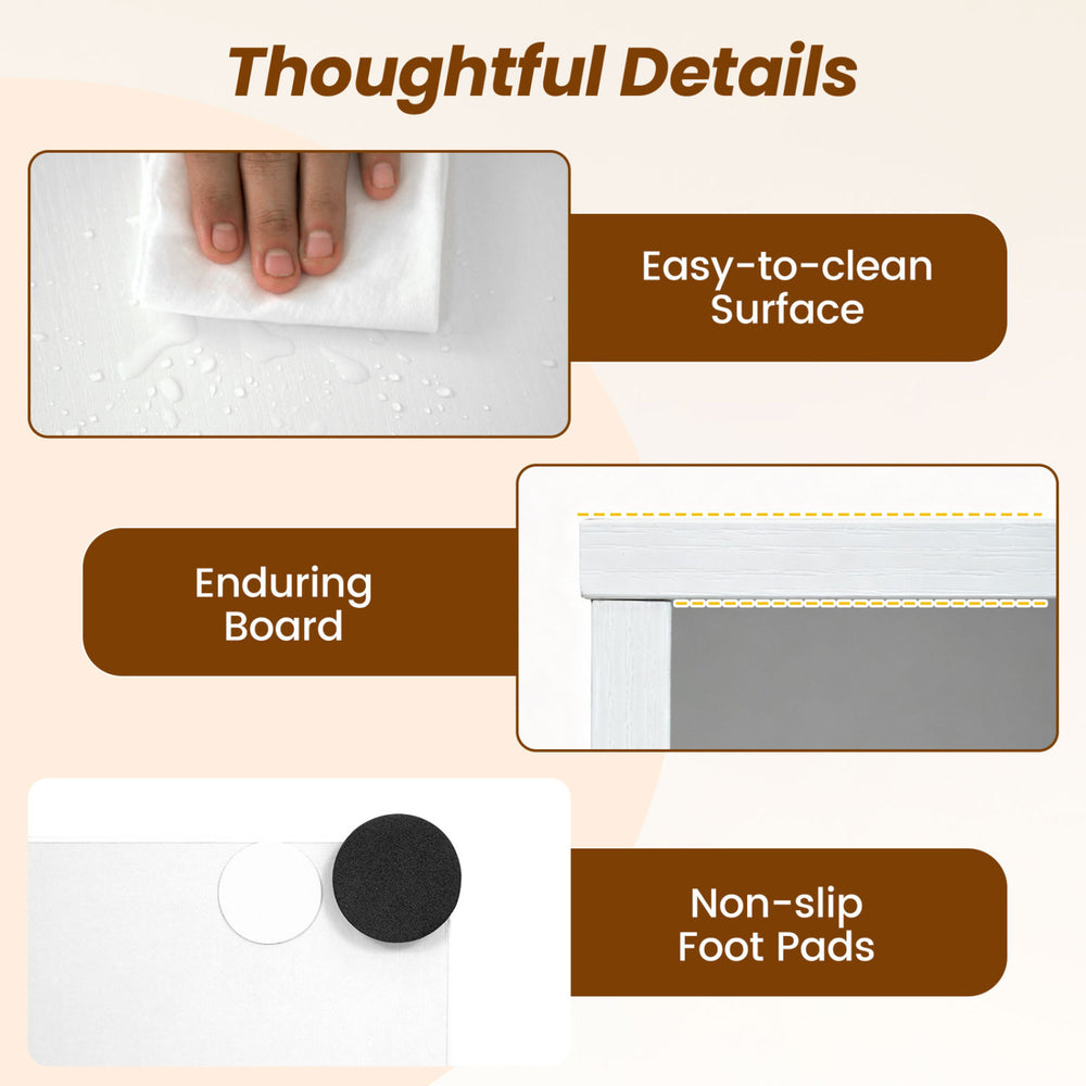 Close-up of the easy-to-clean surface and non-slip foot pads of the white freestanding bookshelf for home office use.