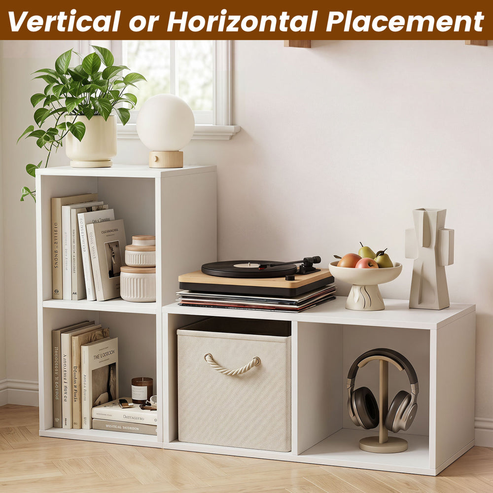 Freestanding white bookshelf with two open cubes, suitable for vertical or horizontal placement in home office or living room.