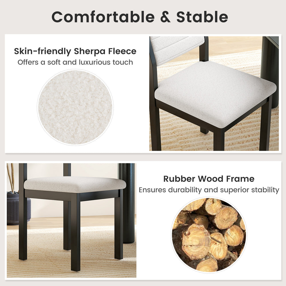 Sherpa upholstered dining chair with rubber wood frame, featuring a padded seat and ergonomic backrest for comfort.
