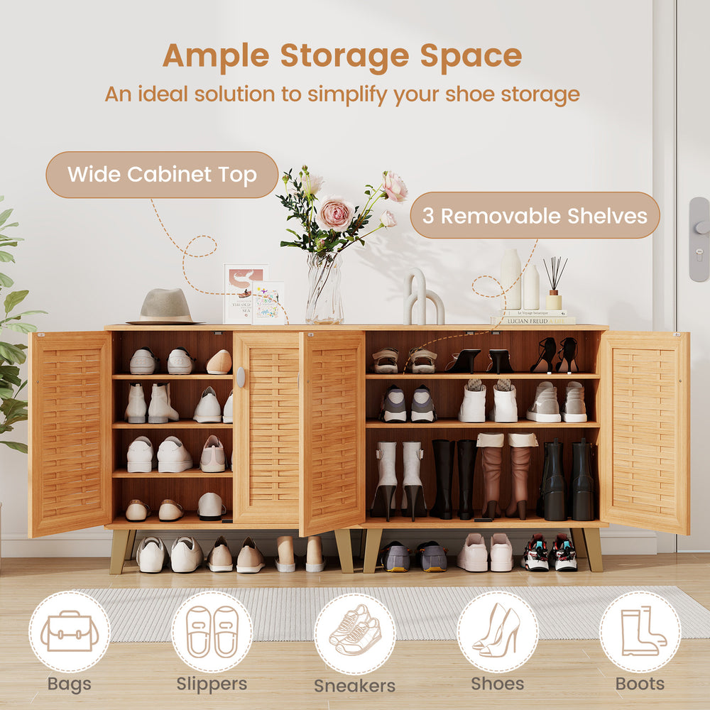 2-door shoe cabinet with ventilated woven doors, featuring 3 removable shelves for organized storage of shoes and boots.