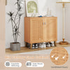 Mid century 2-door shoe cabinet with ventilated woven doors, teak wood grain, and 4 removable shelves for organized.