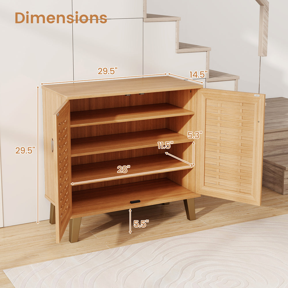Open 2-door shoe cabinet in teak with 4 tiers and ventilated woven doors, ideal for entryway storage solutions.