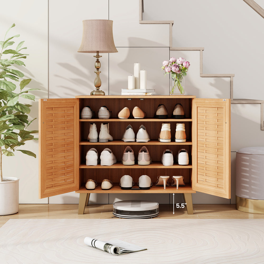 4-tier teak shoe cabinet with ventilated woven doors, featuring removable shelves for organized shoe storage in.