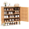 4-tier shoe cabinet with ventilated woven doors in teak, featuring removable shelves for organized storage in entryway.