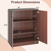 2-door modern floor storage cabinet in brown with 3-tier shelves, dimensions shown for versatile interior placement.