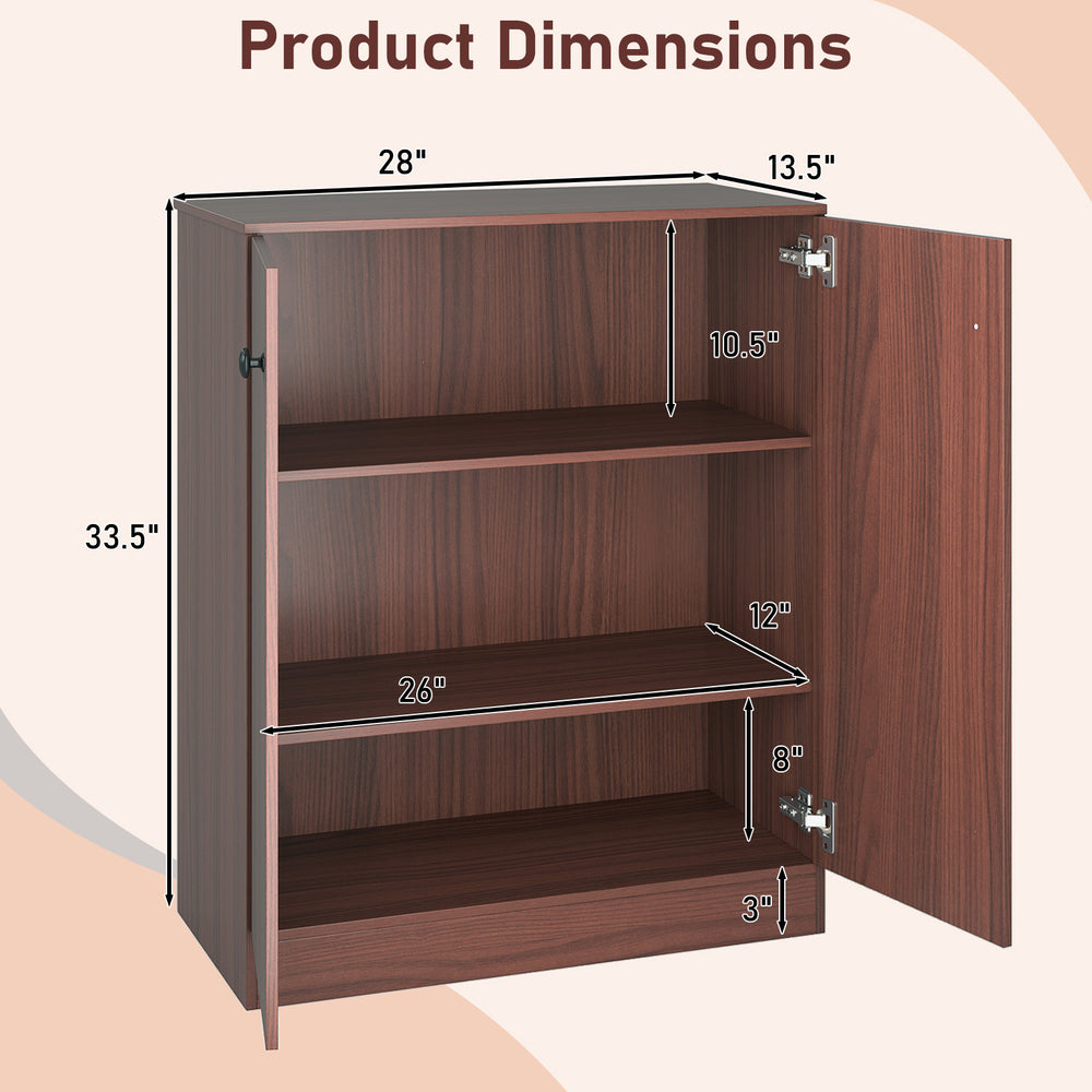2-door modern floor storage cabinet in brown with 3-tier shelves, dimensions shown for versatile interior placement.