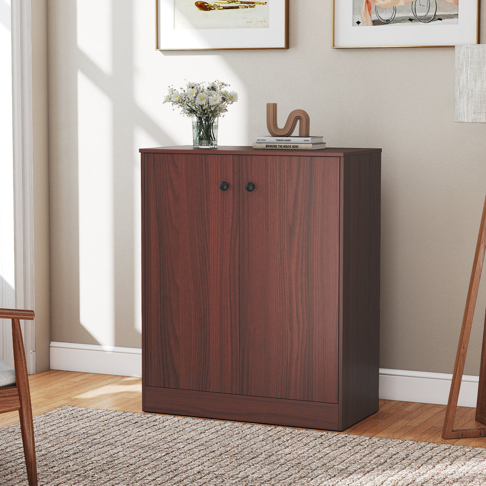 Modern 2-door brown storage cabinet with a wide tabletop and 3-tier shelf, ideal for living room or hallway.