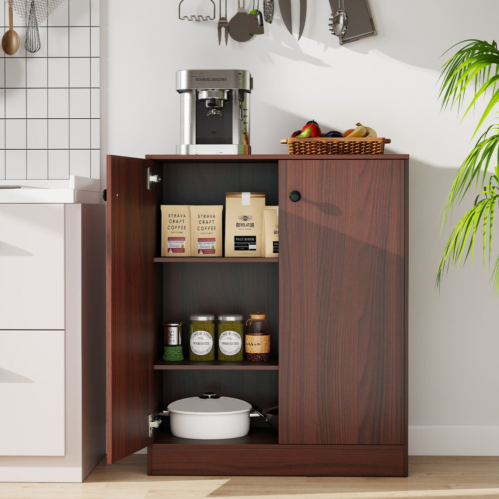 Modern brown 2-door storage cabinet with 3-tier shelves, ideal for kitchen or living room organization.