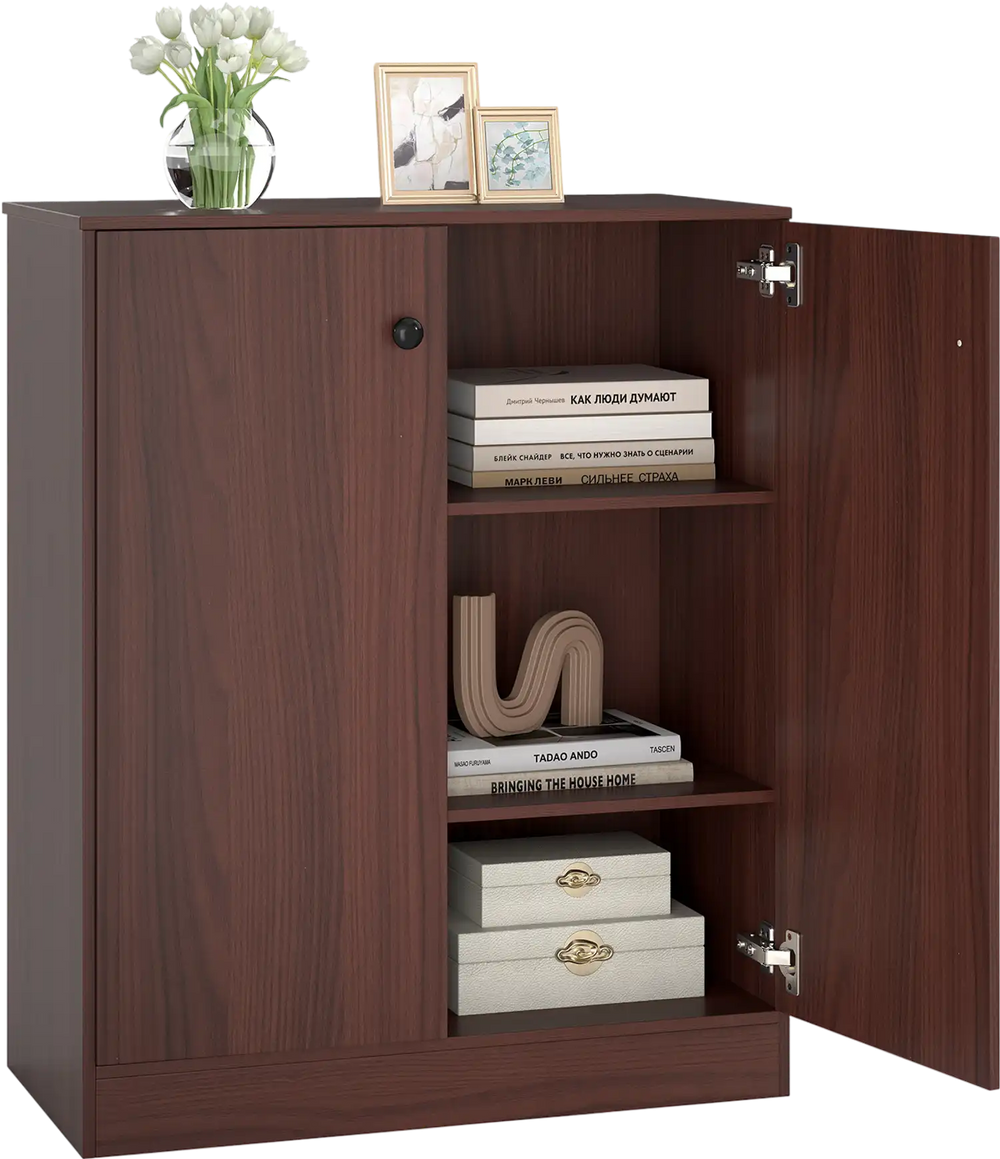 Side view of the 2-door modern storage cabinet in brown, featuring ample shelf space for books and decor in any room.