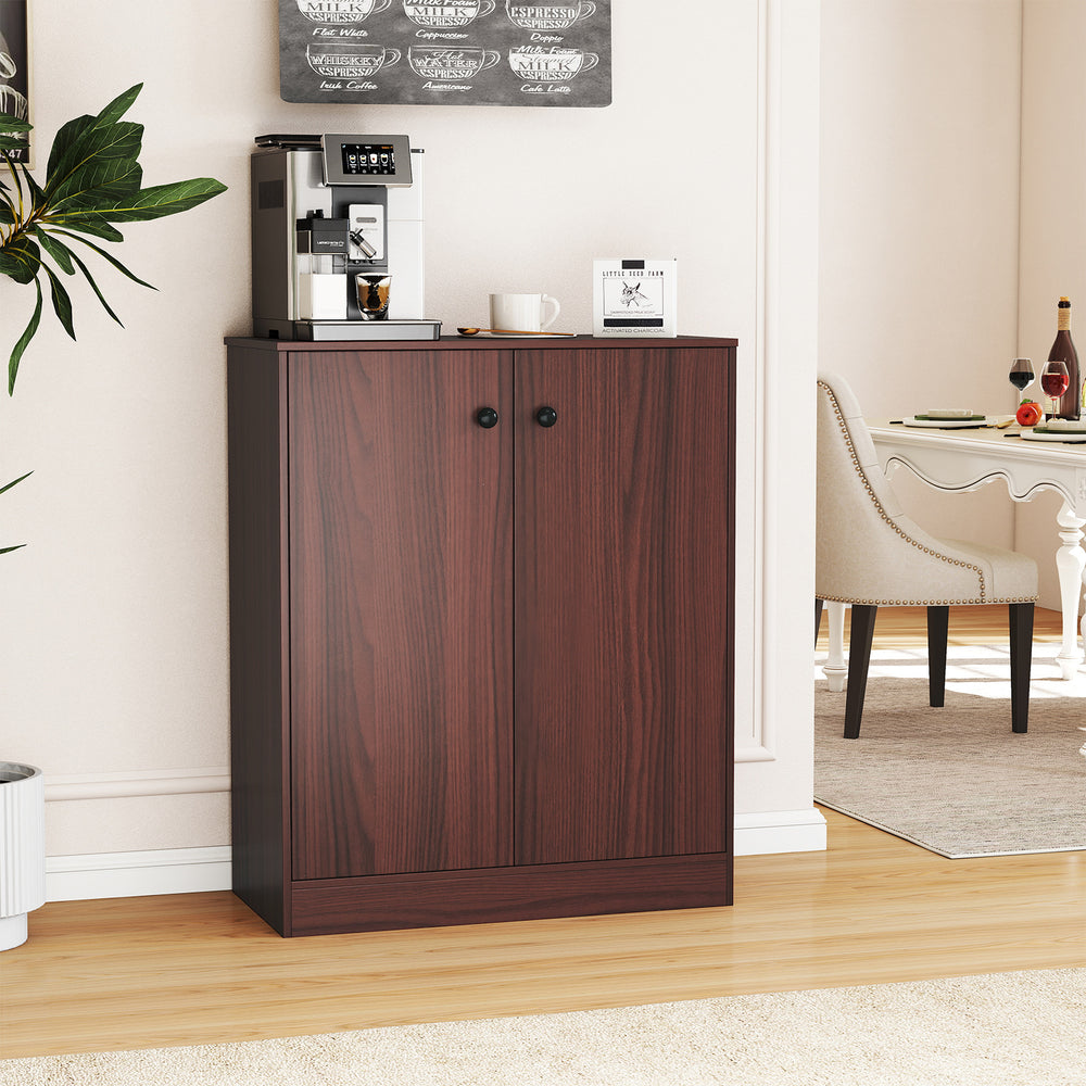 Modern 2-door storage cabinet in brown with a wide tabletop, perfect for kitchen or living room organization.
