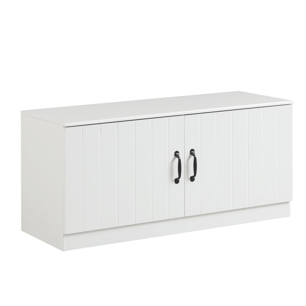 2-door shoe storage cabinet in white with adjustable shelves, offering seating and modern design for entryway or.