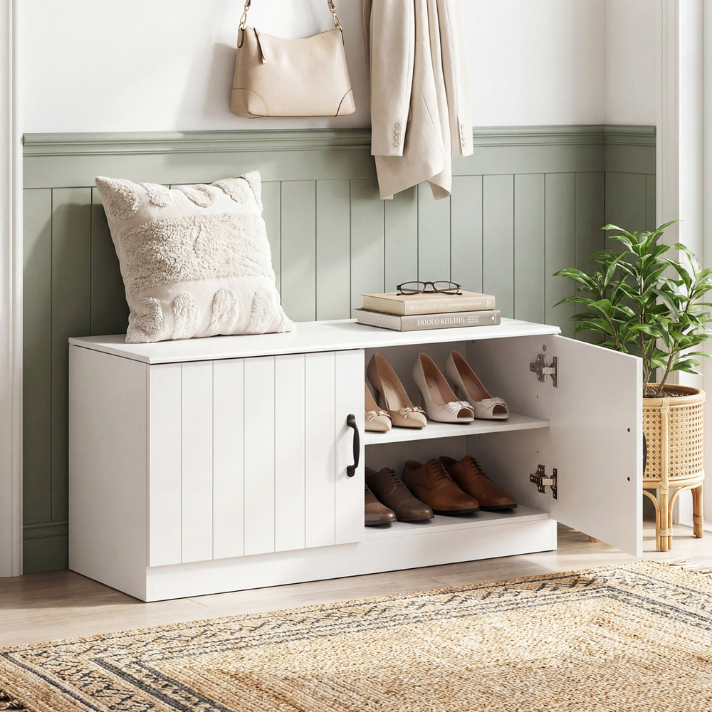 2-Door Shoe Bench Shoe Storage Cabinet with Adjustable Shelves-White - Gallery View 1 of 10