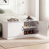 White 2-door shoe storage cabinet with adjustable shelves, offering seating and shoe organization for entryways or.