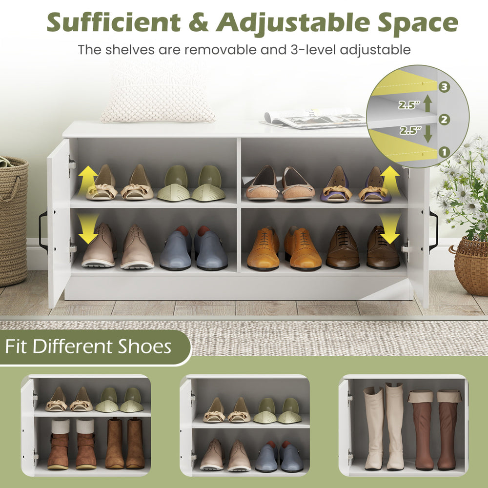 2-door shoe storage cabinet in white with adjustable shelves, seating for up to 300 lbs, ideal for entryway.