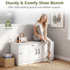 Shoe storage cabinet with adjustable shelves, white finish, offering seating for up to 300 lbs, ideal for entryways.