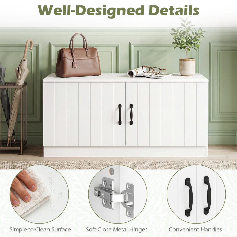White 2-door shoe storage cabinet with adjustable shelves, soft-close hinges, and convenient handles for entryway.