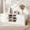 2-door white shoe bench storage cabinet with adjustable shelves, featuring 6 compartments for organized shoe storage.
