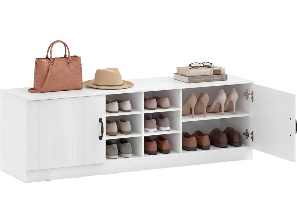 White 2-door shoe bench storage cabinet with adjustable shelves, featuring 6 compartments for organized shoe storage.