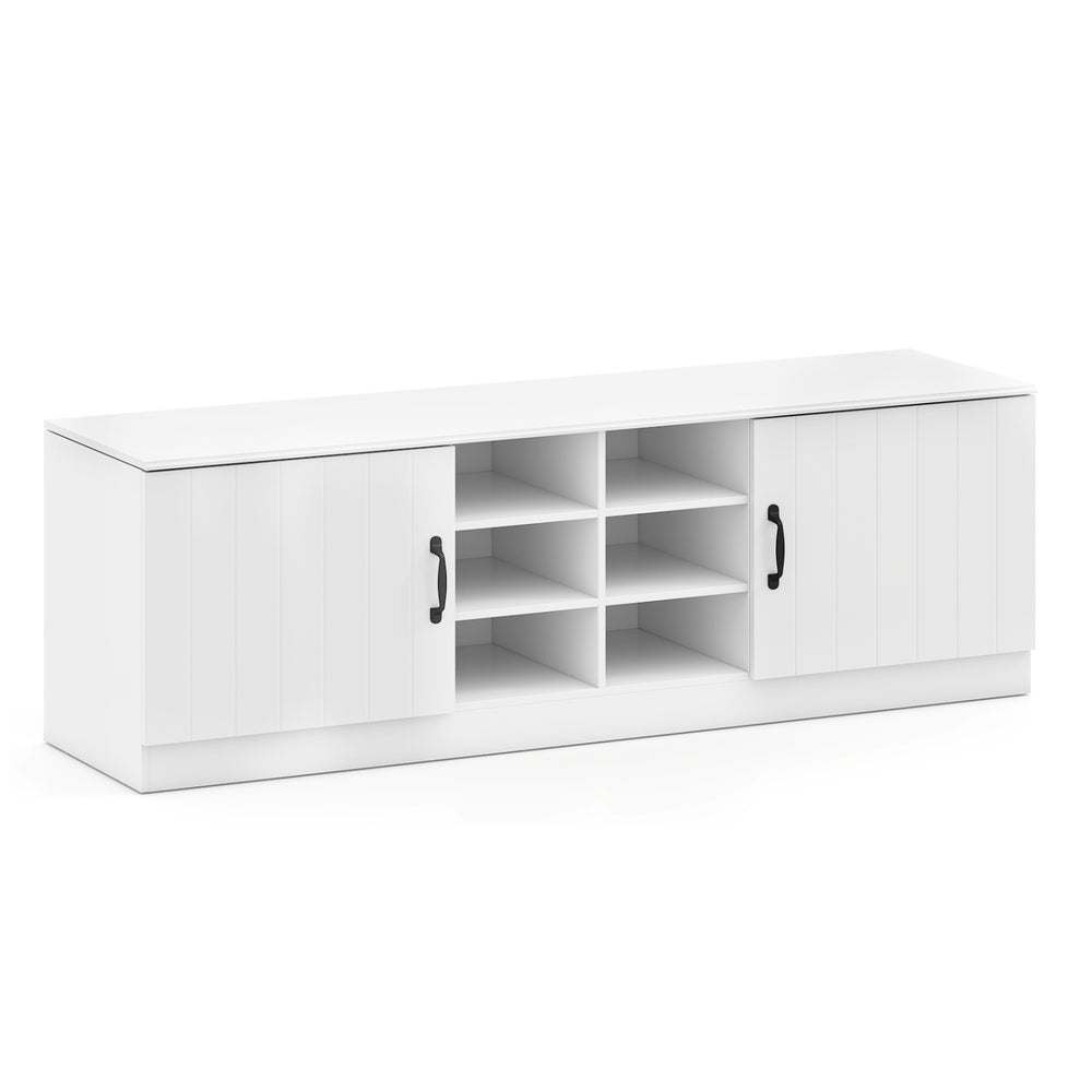 White 2-door shoe bench storage cabinet with adjustable shelves and six compartments for organized shoe storage.