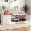 Close-up view of white shoe bench storage cabinet with adjustable shelves, featuring double doors for shoe protection.