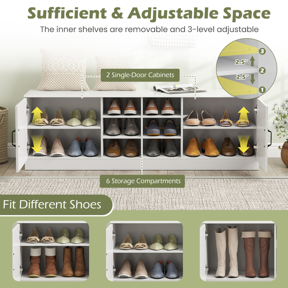2-Door shoe bench storage cabinet in white with adjustable shelves and 6 compartments, ideal for entryway organization.