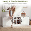 White 2-door shoe bench with adjustable shelves, offering seating and storage for shoes, ideal for entryway or bedroom.
