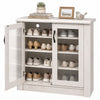 Stylish 2-door shoe cabinet in white featuring removable shelves and cable management holes for modern, organized storage.
