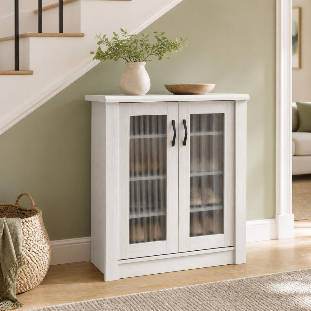 2-door white shoe cabinet with removable shelves and fluted transparent doors, perfect for stylish shoe storage.
