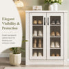 2-door white shoe cabinet with fluted transparent doors and removable shelves for stylish shoe storage and visibility.