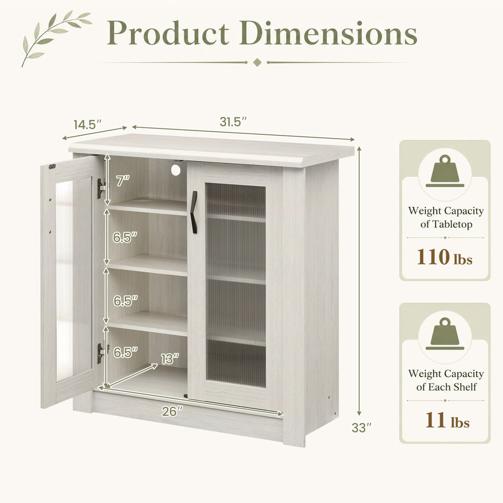 2-door white shoe cabinet with removable shelves, fluted doors, and a weight capacity of 110 lbs for stylish storage.