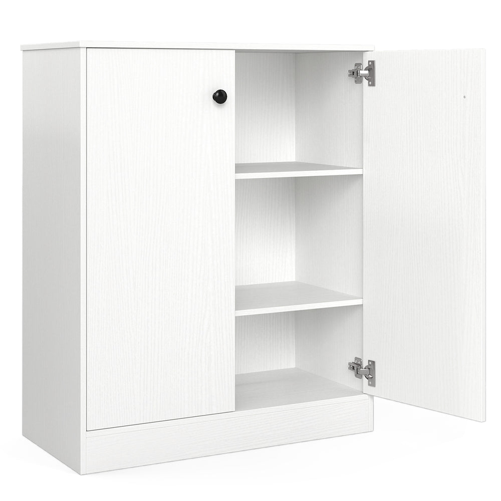 White 2-door storage base cabinet with 3-tier shelf, perfect for kitchen or living room organization.