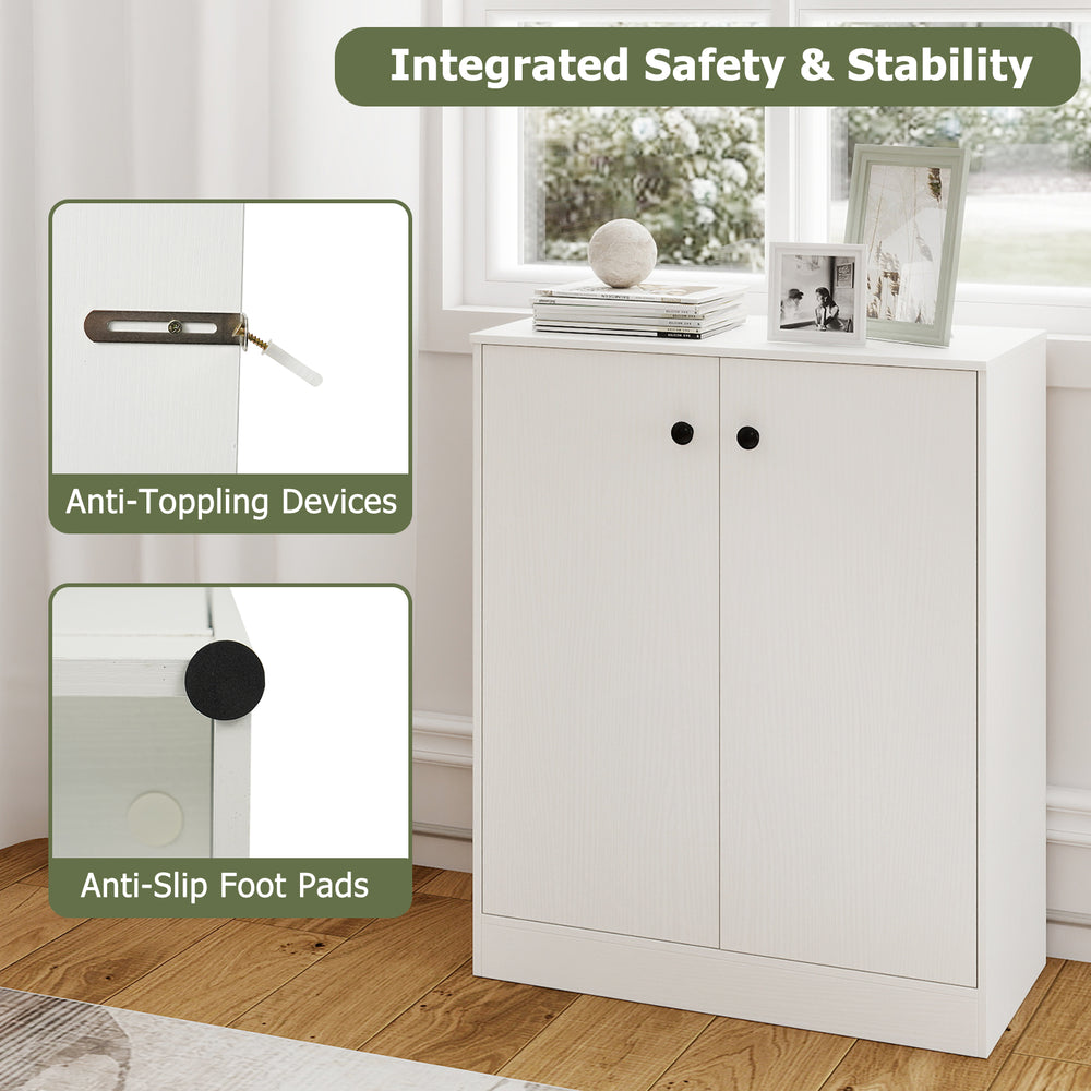 2-door white storage cabinet featuring anti-tipping devices and anti-slip foot pads, ideal for kitchen or living room.
