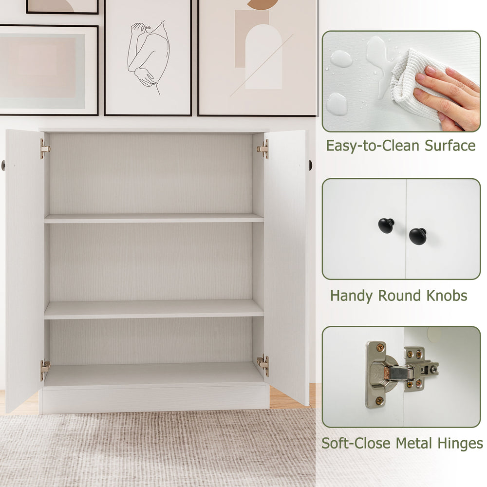 White 2-door storage cabinet featuring a 3-tier shelf, easy-to-clean surface, and soft-close metal hinges for versatile.