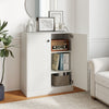 White 2-door storage base cabinet featuring a 3-tier shelf, ideal for books and kitchen supplies in any room.