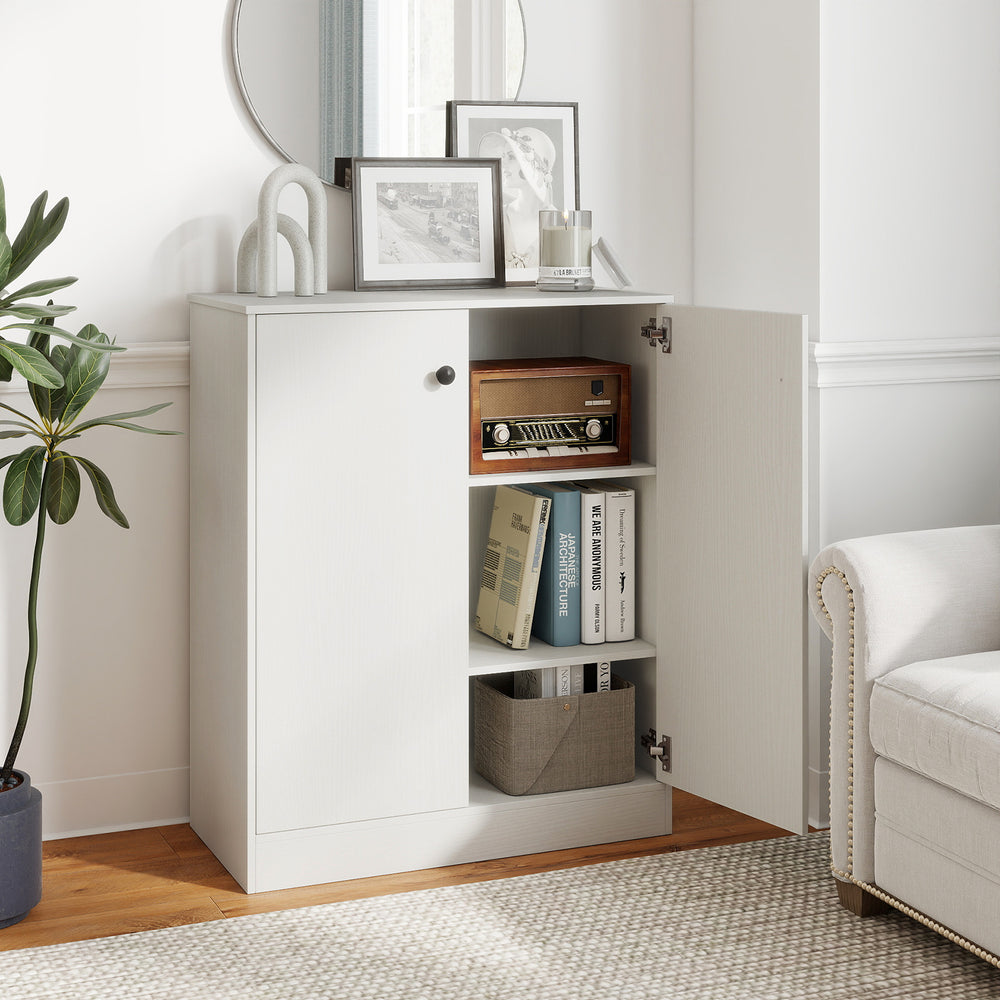 White 2-door storage base cabinet featuring a 3-tier shelf, ideal for books and kitchen supplies in any room.