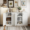 White 2-door storage base cabinet showcasing a 3-tier shelf, perfect for stylish organization in living rooms or.