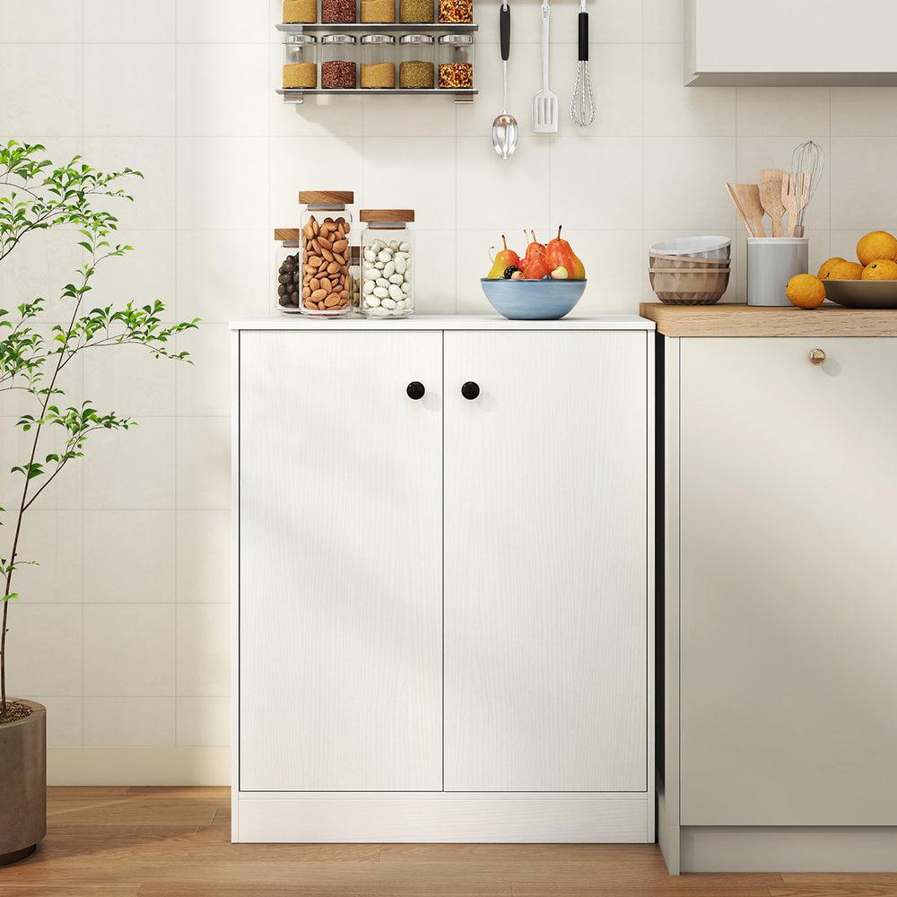 White 2-door storage base cabinet with 3-tier shelf, ideal for kitchen supplies and easy to clean.