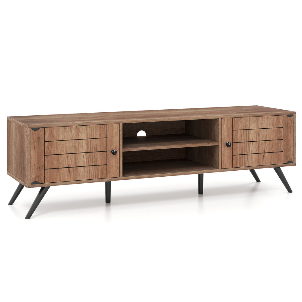 2-door TV stand in oak with open shelves and cabinets, designed for TVs up to 65 inches, perfect for organized.