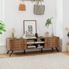 Oak 2-door TV stand featuring a unique wood grain finish, open shelves, and raised legs for stability, ideal for modern.