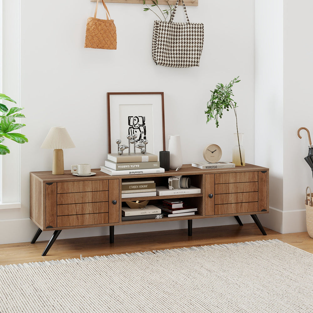 Oak 2-door TV stand featuring a unique wood grain finish, open shelves, and raised legs for stability, ideal for modern.