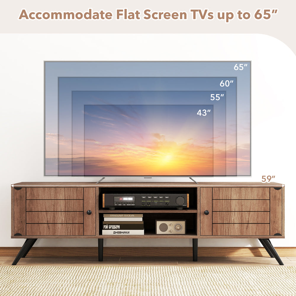 2-Door TV stand in oak with open shelves, accommodating TVs up to 65 inches, ideal for organized media storage.