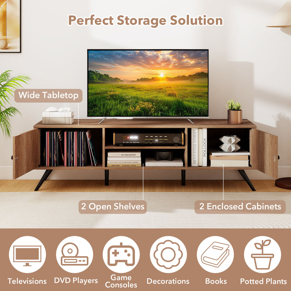 2-door TV stand in oak with wide tabletop, open shelves, and enclosed cabinets for organized media storage.