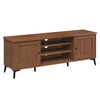 Mid-century modern 2-door TV stand in brown, featuring adjustable shelves and cable management for TVs up to 65 inches.