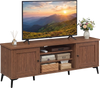 Mid-century modern 2-door TV stand in brown, featuring sturdy metal legs and a spacious tabletop for TVs up to 65.