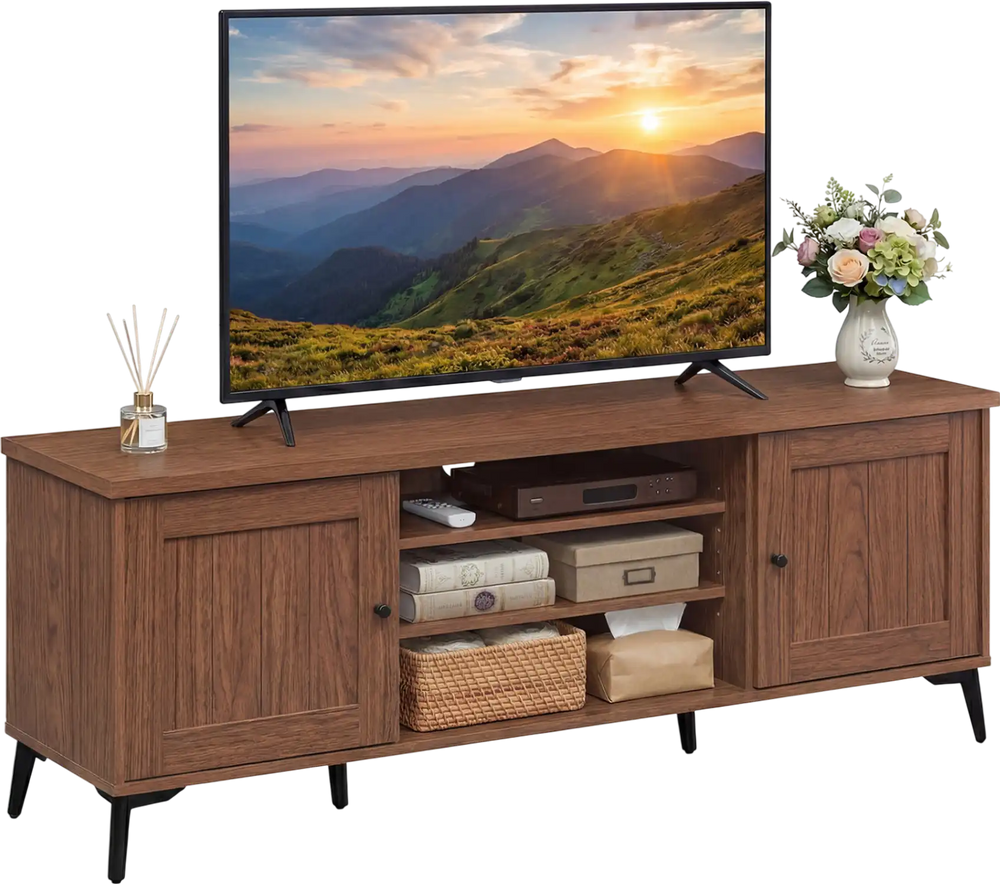Mid-century modern 2-door TV stand in brown, featuring sturdy metal legs and a spacious tabletop for TVs up to 65.