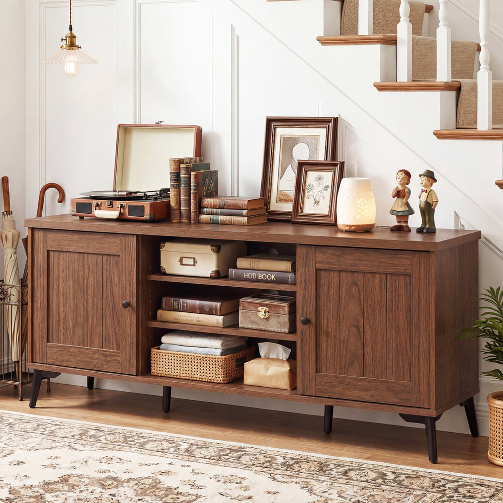 Mid-century modern 2-door TV stand in brown, featuring adjustable shelves and open compartments for versatile storage.